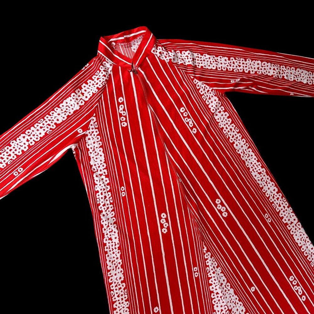 Vintage Maxi Dress Muumuu 1970s Red White Stripe Floral Polyester Knit M/L? READ